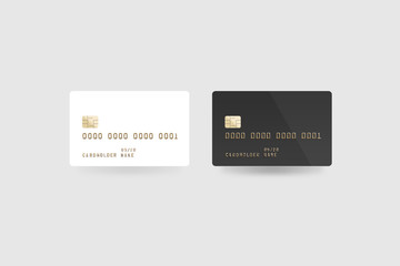 Blank white credit card mockup isolated, clipping path, front and back side, 3d illustration. Empty plastic card mock up. Clear surface bank card with electronic chip. Debit card design template.