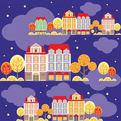 seamless pattern with the image of old town houses, clouds and trees.night autumn cityscape.