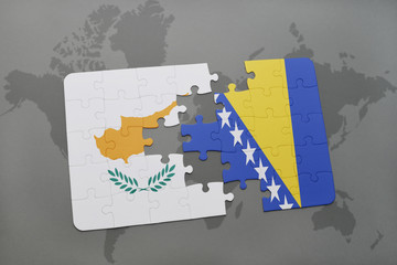 puzzle with the national flag of cyprus and bosnia and herzegovina on a world map background.