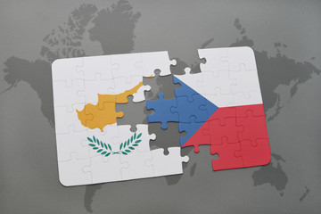 puzzle with the national flag of cyprus and czech republic on a world map background.