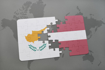 puzzle with the national flag of cyprus and latvia on a world map background.