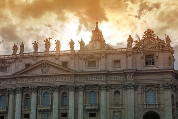 Obraz premium Facade of the Saint Peter's Basilica and balcony where Pope stands, St.Peter Square, Rome. Vatican