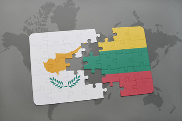 puzzle with the national flag of cyprus and lithuania on a world map background.