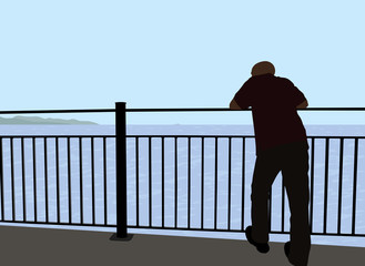 Man leaning on a railing looking out at the sea, vector landscape