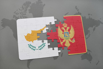 puzzle with the national flag of cyprus and montenegro on a world map background.