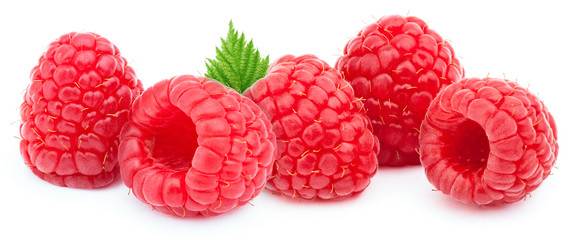 Five ripe raspberries in a line with green leves isolated on white background with clipping path