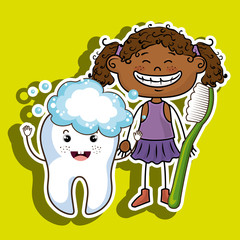 happy girl with a toothbrush and a smiling tooth