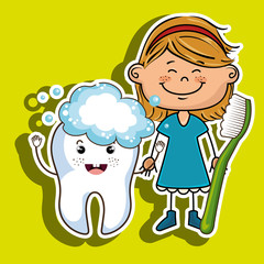 happy girl with a toothbrush and a smiling tooth