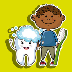 smiling cartoon child with toothbrush and big cartoon tooth, den