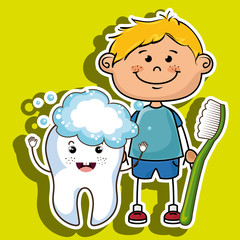 smiling cartoon child with toothbrush and big cartoon tooth, den