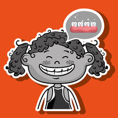 happy cartoon girl wearing coloured clothes over a grey and whit
