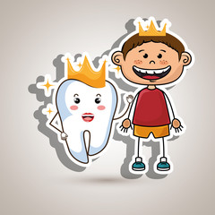 cartoon boy and tooth with crowns over a blue background