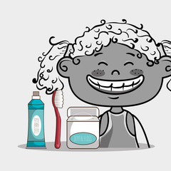smiling cartoon girl with dental care implements vector illustra