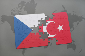 puzzle with the national flag of czech republic and turkey on a world map background.