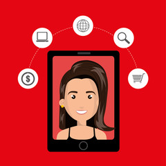 black smartphone with a woman in the screen and shopping stuff a