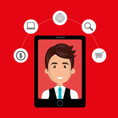 black smartphone with cartoon man in the screen and money shoppi