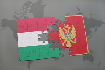 puzzle with the national flag of hungary and montenegro on a world map background.