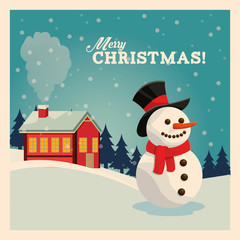Merry Christmas concept represented by snowman cartoon icon over landscape. Colorfull and vintage illustration inside frame.
