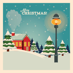 Merry Christmas concept represented by winter house and lamp icon over landscape. Colorfull and vintage illustration inside frame.