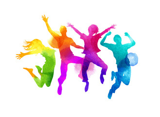 A group of friends jumping expressing happiness. Watercolour vector illustration. - obrazy, fototapety, plakaty