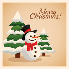 Merry Christmas concept represented by snowman cartoon and pine tree icon. Colorfull and vintage illustration inside frame.