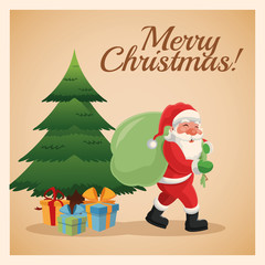 Merry Christmas concept represented by santa cartoon and pine tree icon. Colorfull and vintage illustration inside frame.