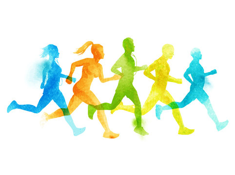 A running group of active people, men and women. Watercolour vector illustration.