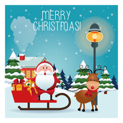 Merry Christmas concept represented by santa cartoon and sled icon over landscape. Colorfull and classic illustration inside frame.