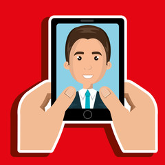 cartoon hands holding black smartphone with a business man in th