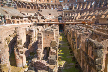 ROME, ITALY - APRIL 8, 2016: Ruins of Coliseum, panoramic view with underground levels of...