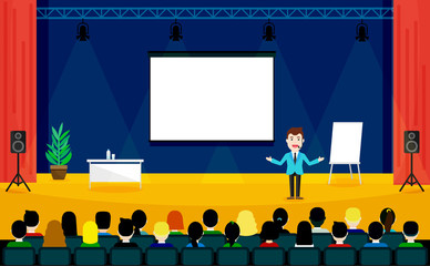 People sitting at the conference in flat style. Public Speaking concept. Business Training vector illustration. Speaker in a suit and with microphone standing near flipchart.