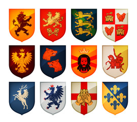 Fototapeta premium Royal coat of arms on shield vector logo. Heraldry, blazonry set icons