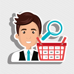 cartoon business man next to a shopping basket and a lens above