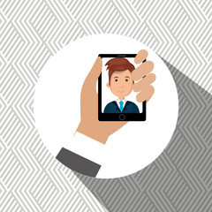 cartoon business man hand holding black smartphone with a cartoo