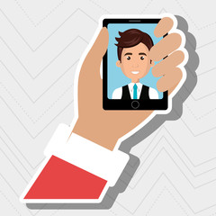 cartoon business man hand holding black smartphone with a cartoo