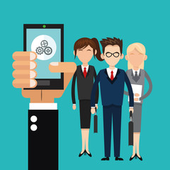 businesswoman businessman gear smartphone human resources business icon. Colorfull and flat illustration. Vector graphic