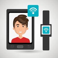 Man on the screeen of a smarthone. vector design