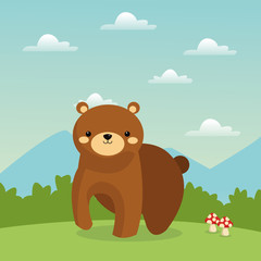 Obraz na płótnie Canvas Woodland animal concept represented by cute bear cartoon icon over landscape. Colorfull and flat illustration. 