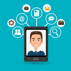 cartoon man on smartphone screen and media icon set above vector