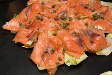  Salmon pickled slice on black board