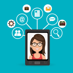 cartoon woman on smartphone screen and media icon set above vect