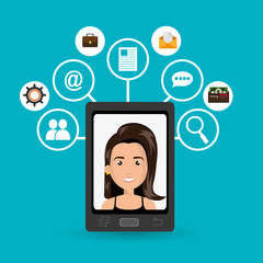 cartoon woman on smartphone screen and media icon set above vect