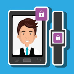 Man on the screeen of a smarthone. vector design