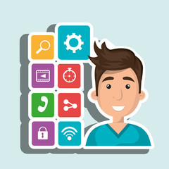 Cartoon man with media icon set, vector graphic