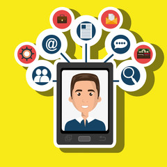 cartoon man on smartphone screen and media icon set above vector