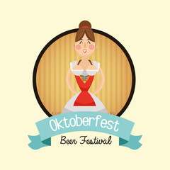 cartoon woman girl dress beer festival oktoberfest germany icon. Colorfull illustration and seal stamp with ribbon. Vector graphic
