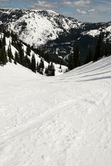Fototapeta na wymiar Valley run in an alpine ski area with tracks in the snow 