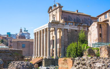 Fototapeta na wymiar ROME, ITALY - APRIL 8, 2016: Roman's forum with ruins of important ancient government buildings started 7th century BC