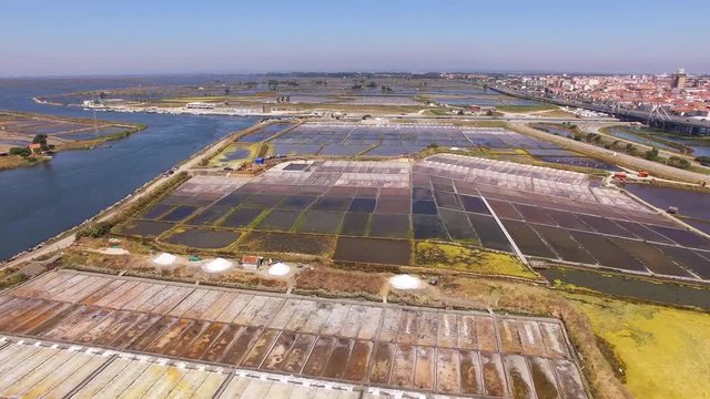 Historical salt pans in Aveiro, Portugal aerial view
