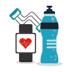Healthy lifestyle and Fitness concept represented by watch and bottle icon. Colorfull and flat illustration.